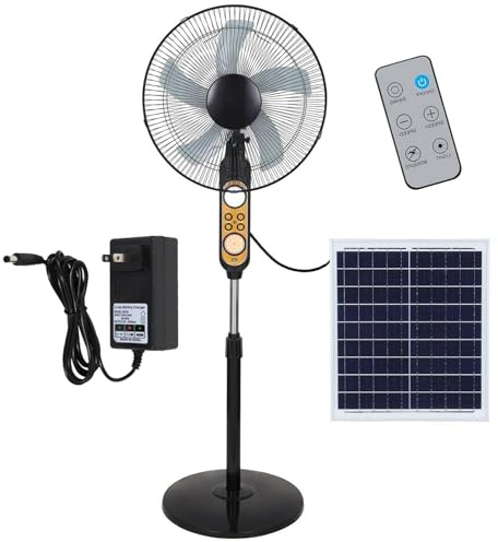 Ventilatore da pavimento, ventilatore solare, ricaricabile, ventilatore da terra con pannello solare, ventilatori da campeggio oscillanti, 4 velocità, luce notturna, altezza regolabile, tele