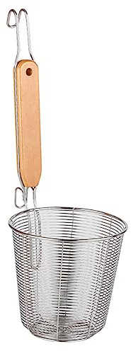 GLEAVI Stainless Steel Noodle Strainer with Wood Handle, Silver Colander Basket for Spaghetti, Rust-Proof and Safe to Use, for Kitchen Cooking and Catering