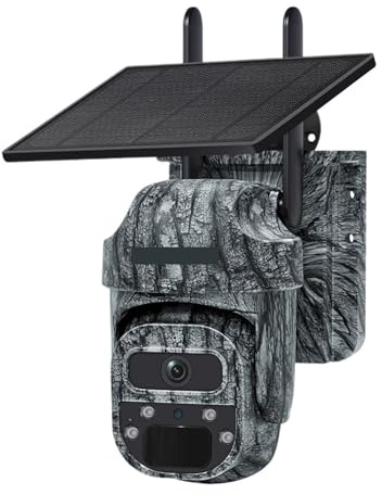 KVBRUI Telecamera Solare con Zoom 15X, 4G, 12 MP, Tre Lenti, Vista a 360°, Pannello Solare da 5 W, Telecamera IP PTZ for Esterni, Visione Notturna da 7800 mAh(4MP 4G 32GB No Zoom)