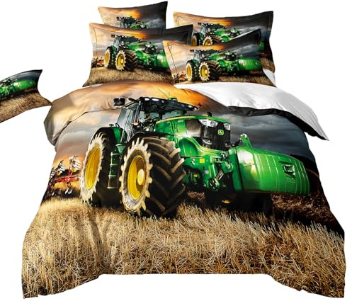 LYJKLST Traktor Bettwäsche 135x200 Set Grün 1 Bettbezug 135x200 + 2 Kissenbezüge 80x80 cm,Bügelfreie Bettwäsche Microfaser mit Reißverschluss Grün Traktor Design Demon