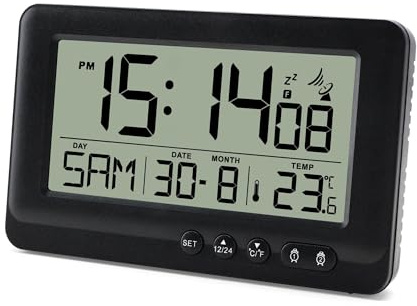 Lafocuse Digitaler Funkwecker mit Nachtlicht, Batteriebetrieben, Snooze, Temperaturanzeige und Kalender, Duale Alarme, 12/24HR für Nachttisch Wohnzimmer Schlafzimmer, Schwarz