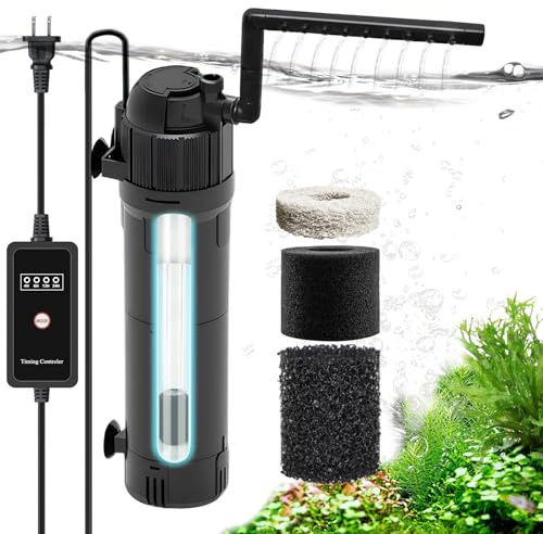 SaySummer Filtro sumergible para pecera para acuario: resuelve agua verde 6 en 1 con medios reductores de amoníaco, 8 W U - V integrado con temporizador de 200 GPH para tanque de 20-120 galones