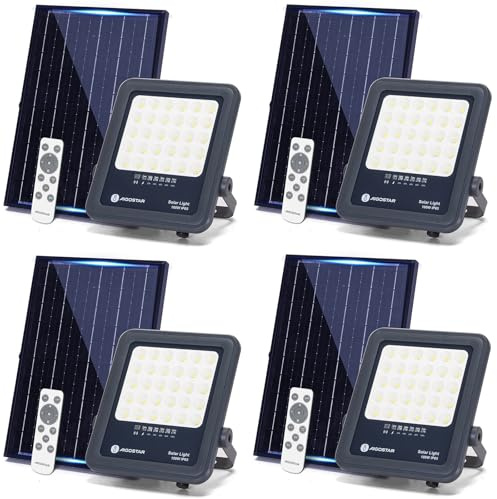 Aigostar Foco proyector LED solar con control remoto,focos solare de 100W, 1000LM,luz blanca fría de 6500K,IP65 impermeable Luz solar exterior,para jardín,terrazas,caminos,garajes,cable de 2M