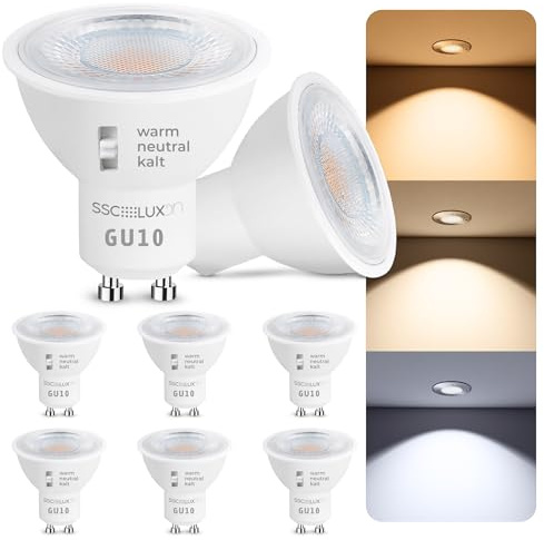 SSC-LUXon LumiFLEX GU10 Lampe 6er Set LED 6W dimmbar 3 Lichtfarben | Sechs dimmbare GU10 Reflektorlampen mit 3 Lichtfarben - warm / neutral / kalt per Schalter, direkt an 230V, Halogen-Ersatz
