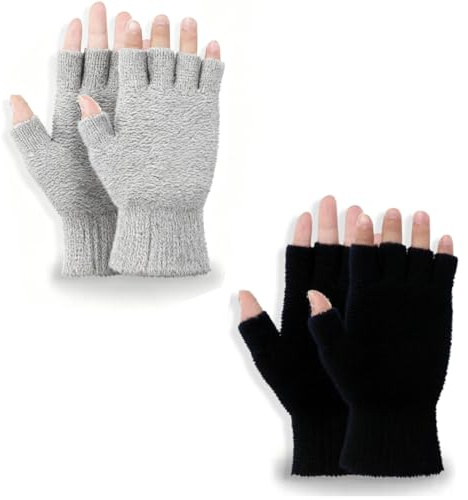 YCZARD 2Pairs Adult Half Finger Plush Gloves for Women Men, Winter Thickened Warm Mittens Thermal Fleece Half Finger Gloves for Outdoor Running Cycling Working Biking Driving Black Grey