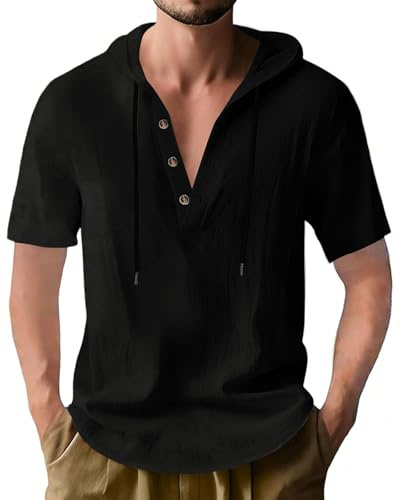 PRIVIMIX Chemise Homme Manche Courte Chemises Lin Été a Capuche Plage Tee Shirt M-3XL