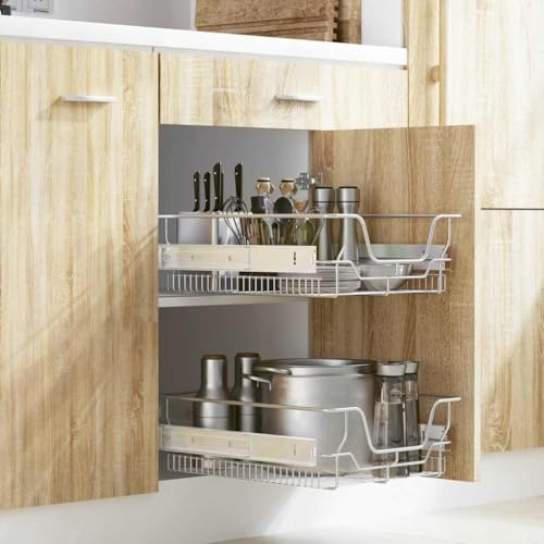 HaoChrymec Küchen-Drahtkörbe 2 Stk. Ausziehbar, Polierter verchromter Stahldraht, Schrankauszug Küche, Ausziehbare Schublade, Einbauschublade Korbauszug, Silbern, 45 cm