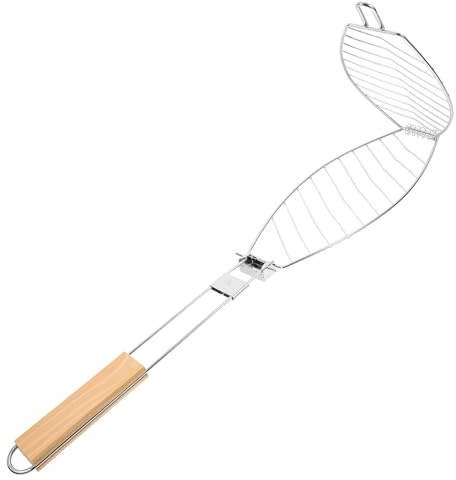 Milisten Panier à Griller en Acier Inoxydable Poignée en Bois, Panier à Griller Le Bœuf et Poisson, Grille de Barbecue Multifonction pour Cuisson Extérieure, Accessoires Barbecue