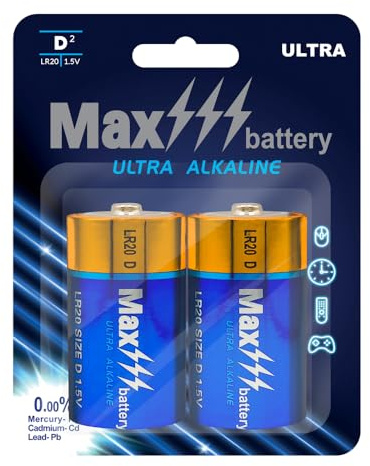 Max D Cell Batteries 2 Pack Alkaline 1.5V – Long Lasting D Size All-Purpose Batteries, Heavy Duty Power, 10-Year Shelf Life, Leak Resistant for Flashlights, Radios, Toys & Household Devices