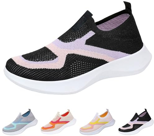 Ortopediska skor för damer, lediga, moderiktiga promenadskor med luftkuddar, ventilerande nättyg, sneakers, lätta och bekväma vandringsskor, utomhus, halkfria, enfärgade fritidsskor, svart, 37 EU