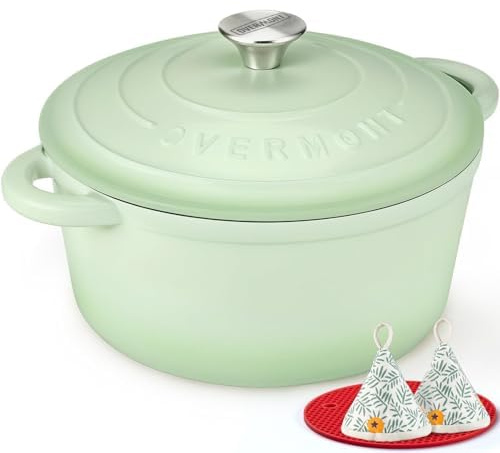 Overmont 24cm/4.2L Enamelled Cast Iron Dutch Oven Pot with Lid,4.5QT, Cookbook& Cotton Potholders -Non-stick Dutch Oven for Braising, Stews, Roasting, Bread Baking - Bean green | with Lid,4.5QT, Cookbook& Cotton Potholders -Non-stick Dutch Oven for Braising, Stews, Roasting, Bread Baking