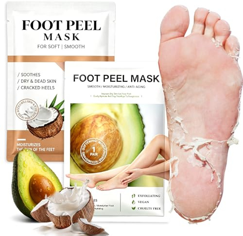 2 Paar Fußpeeling Maske, Hornhautentferner Socken, Fußmaske für trockene Haut, Feuchtigkeitsspendend, Entfernt abgestorbene Haut, Repariert Raue Fersen für Damen & Herren (Avocado & Kokosmilch)