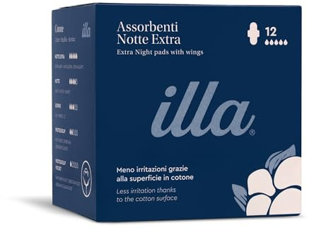 illa Assorbenti Extra Notte - Assorbenti Anatomici con Ali - Superficie in Cotone al 100% - Primi Giorni del Ciclo o Periodi di Flusso Abbondante - Protezione Giorno e Notte - 1 Confezione da 12 Pezzi