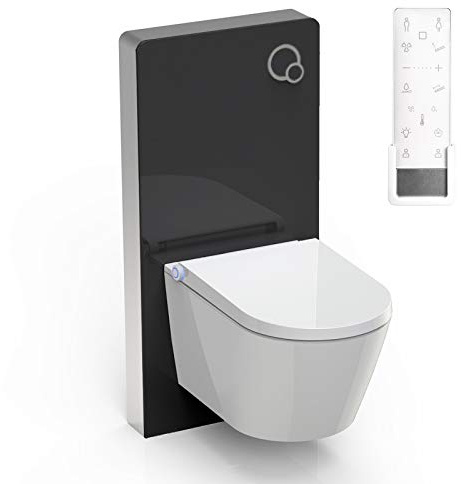 BERNSTEIN - Pack WC japonais Blanc + Module sanitaire Noir, Toilettes suspendu lavant céramique + télécommande, jet douche, séchoir air chaud, filtre à odeurs, Chasse d'eau 180°, 59x38x38cm - Pro+1102