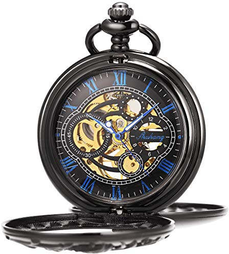 ManChDa Vintage Taschenuhr mit Kette Classic Skeleton Dream Dragon Burlywood Taschenuhr für Herren Damen & Geschenkbox (5.Schwarz mit Blau)