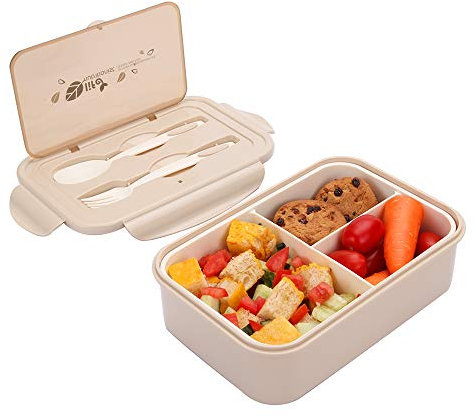 Merysen 1400ml Caja de Almuerzo Caqui, Reutilizable Caja de Bento con 3 Compartimentos y Cubiertos (Tenedor y Cuchara), Fiambreras Caja de Alimentos para Almuerzo y Bocadillos para Niños y Adultos