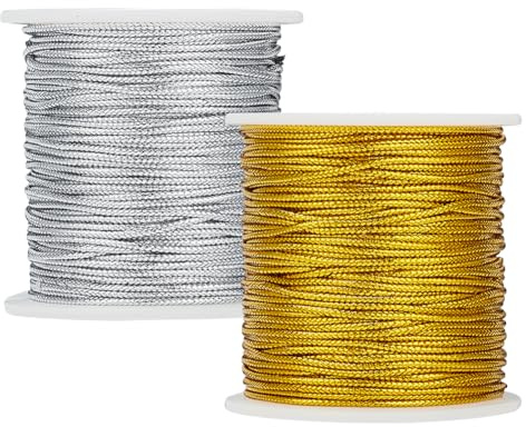 PandaHall Elite ca. 100 m 2 mm Metallkabel Geflochtene Metallperlenkabel Metallisches Lametta-Kabel Lametta-Schnur für Geschenkverpackungsbänder Basteln, Gold & Silber