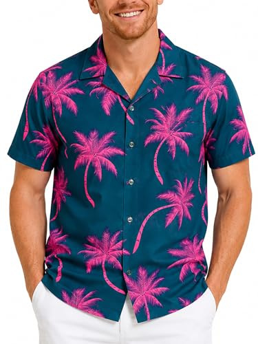 King Kameha Funky Hawaii-skjorta för män, kortärmad, frontficka, Hawaii-tryck, palmskuggutseende, Petrogrön rosa, 3XL
