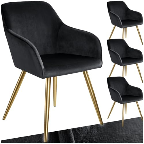 tectake® 4er Set Esszimmerstuhl, Sessel bequem mit Armlehne, Polsterstuhl, Samtstoff Cocktailsessel, Loungesessel für Wohnzimmer, Esszimmer, Moderne Küchenstühle, Bürostuhl - schwarz/Gold
