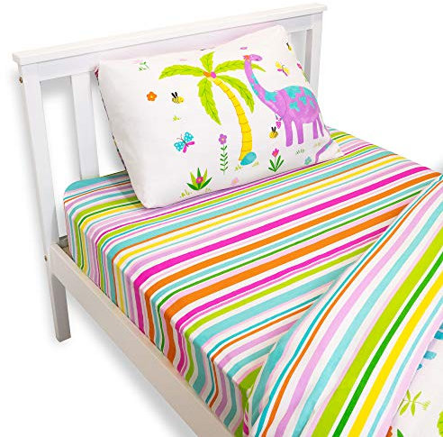 Happy Linen Company Girls Kids Dinosaur Park Jurassic Pink T-Rex Dino Stripes White Toddler Cot Bed Fitted Sheet Bedding