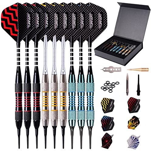 Turnart Dartpfeile mit Kunststoffspitze 9 Stück 18 Gramm mit 50 zusätzlichen Dartspitzen 20 Gummiringen 27 Flügen 9 PC-Wellen Werkzeugsatz für Elektronische Dartscheibe (Blau)