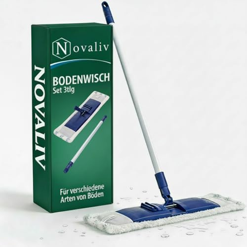 Novaliv Wisch-Mopp Set inkl. Teleskopstiel und Bodenwisch-Pad Wollplüsch | 4tlg. Weiß | 46x13 cm und 140 cm lang |Mikrofaser| Reinigung für Fast jeden Boden | Wischer für Laminat Fliesenböden