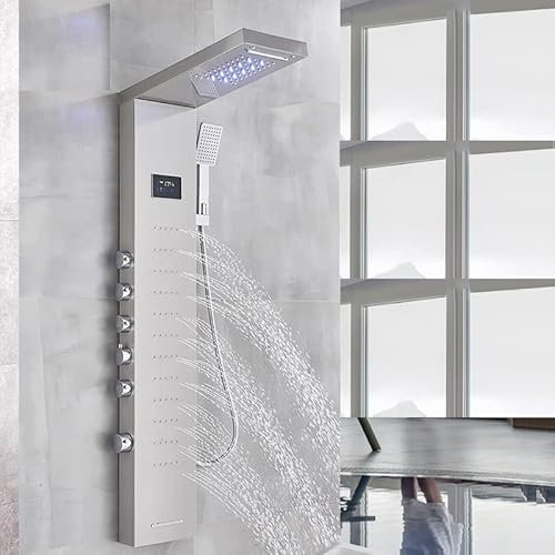 Pannello doccia a LED in acciaio inox con indicatore di temperatura e funzione massaggiante, colore: nichel