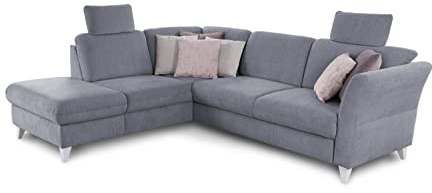 CAVADORE Eckcouch Trend / Skandinavisches Ecksofa mit Federkern, Ottomane und 2 Kopfstützen / 252 x 86 x 213 / Chenille, Hellblau