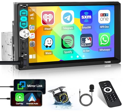 Hikity 1 Din Autoradio Wired Carplay Android Auto Bluetooth, Écran Tactile 7 Pouces Poste Radio Voiture Bluetooth Mains Libres Stéréo Lien Miroir FM EQ USB/AUX/TF SWC + Mic Externe + Caméra de Recul