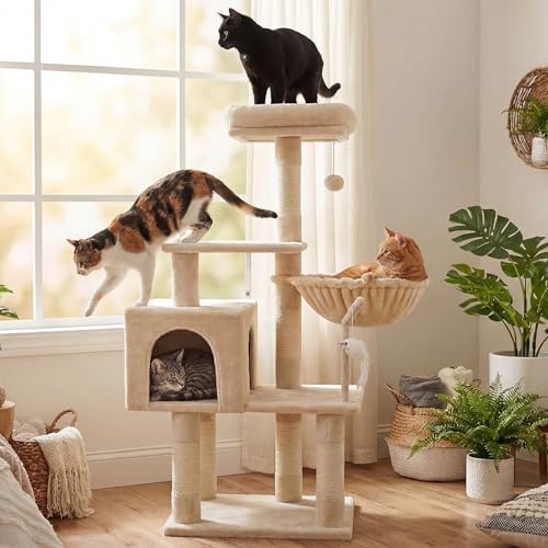 Hey-brother Katträd med leksak, Kattorn för innekatter, Katthus med vadderad sittpinne i plysch, mysig hängmatta och klösbrädor i sisal, Beige MPJ004SM | 110 cm kattträd med plattform med kudde, korg, leksaksboll, för kattungar, inomhus, beige