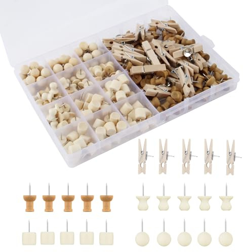 ot de 200 Punaises en Bois - 5 Styles - Mini Punaises avec Boîte - pour Travaux Manuels, Panneau de Liège, Photos, Posters