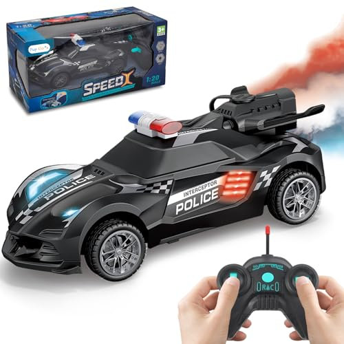 Pup Go Polizeiauto Ferngesteuertes Spielzeug mit Realistisch Schwanzspray und Licht für Kinder 3-12 Jahre, 1:20 RC Stunt Auto Robust Schnell Drift Aufladbar, Weihnachten Geschenke Jungen, Schwarz