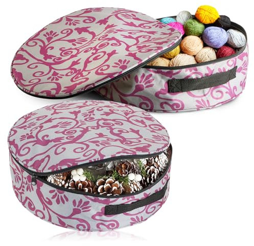 com-four® 2x Aufbewahrungstasche für Kränze, Girlanden, Näh- und Spielzeug - große runde Stoff-Box mit Tragegriff für Weihnachts-, Oster-, Adventsdekoration mit Reißverschluss (2 Stück - grau + lila)