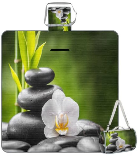TropicalLife Couverture de pique-nique carrée Zen Basalte Orchidée Bambou Imperméable Pliable Intérieur Extérieur Tapis pour Camping Plage Parc Réunion de Famille Activités