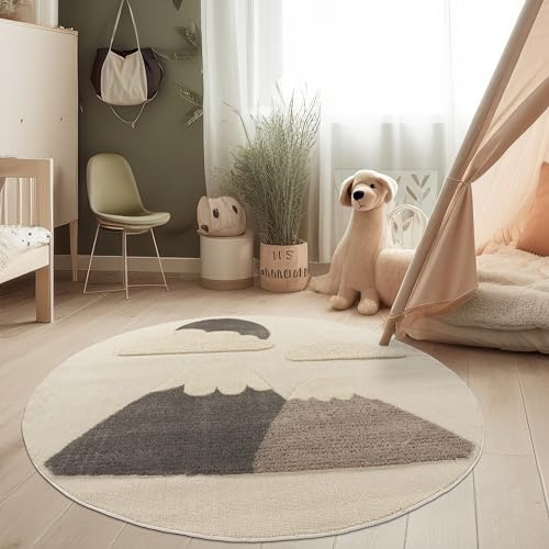 Paco Home Kinderzimmer Moderner Kinderteppich Robuster Spielteppich 3D-Effekt Naturtöne Weiche Schlingenstruktur Pflegeleichtes Berg-Motiv, Grösse:120 cm Rund, Farbe:Cremefarben