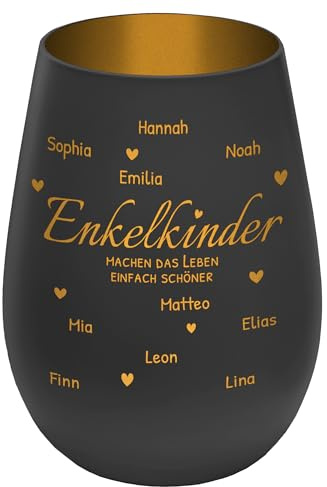 Windlicht mit Gravur ''Enkelkinder'' - personalisierbar mit Namen und Spruch - Schwarz/Gold - Höhe 12 cm - Teelichthalter Kerzenhalter Vornamen Enkel