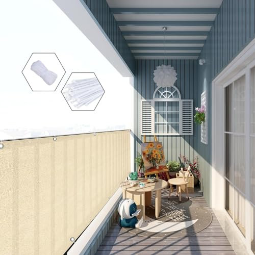 GAIFNAG Balkon Sichtschutz/Balkonbespannung 130 x 650 cm Blickdichte Balkonbespannung, Balkonverkleidung Ohne Bohren Wetterbeständiges Und Pflegeleichtes für Balkon Garten im Freien, Creme Farben