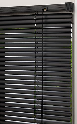 Lister Cartwright 25mm PVC Venetian Blinds Windows Blind Easy Fit Child Safety Included (Black, 145 cm Width x 160 cm Drop)