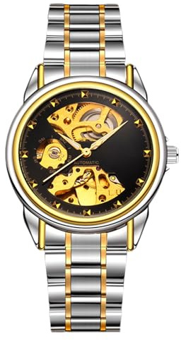 RORIOS Montres Bracelet Couple Mécanique Montre De Poignet Hommes Femmes Montre Automatique Acier Inoxydable Montre Lumineuses Squelette Or Noir