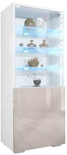 Vitrine Granada, Made in Germany, Vitrinenschrank mit Glastür und Glaseinsatz inkl. LED, Weiß matt/Sandgrau Hochglanz (50 x 122,5 x 34,5 cm)