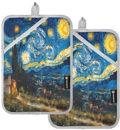 JUMBEAR Van Gogh Style Starry Sky Diagram Pot Holder Set with Pocket for Kitchen,Heat Resistant Potholder Kitchen Oven Mitts Hot Pads Trivet for Baking Cooking 7''x9''