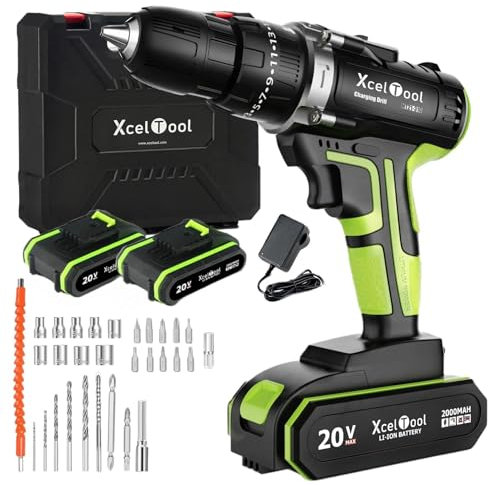 Cordless Hammer Drill Driver Set, 50N.m, 20V 2 × 2.0Ah Electric, 25+3 Torque Combi, LED Light & 2 Speed, 29PCS Bits for Home, Garden DIY Project