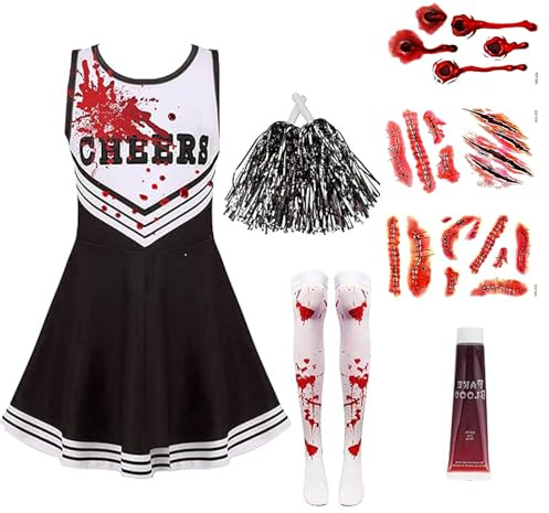 JRYBXS Cheerleader Kostüm, Halloween Kostüm Damen, 8 Stück Karneval Kostüm Damen Mit Strümpfen Kunstblut, Halloween Gruseliger Cheerleader Für Personen ab 15 Jahren Geeignet