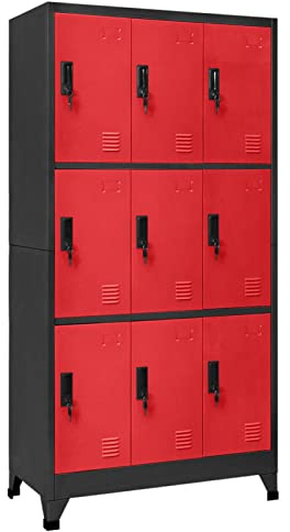 IKAYAA Spind Schrank Schließfachschrank mit 9 Fächern Metallspind Metallschrank abschließbar Büroschrank astahlschrank Spind Umkleideschrank -Anthrazit und Rot-mit 9 Schließfächern