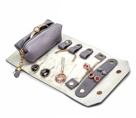LVUNZJCA Schmuck Organizer Rolle Faltbare Schmuckrolle aus Leder in Brieftaschengröße for Schmuckzubehör für Reisen(Lila)