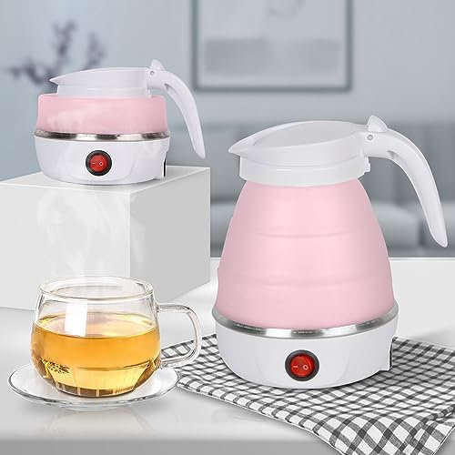Foldable Electric Travel Kettle,600ml Portable Kettle Silicone Collapsible Heating Water Boiler Tea Pot for Camping,Easy for Storage with Separable Power Cord (Pink)