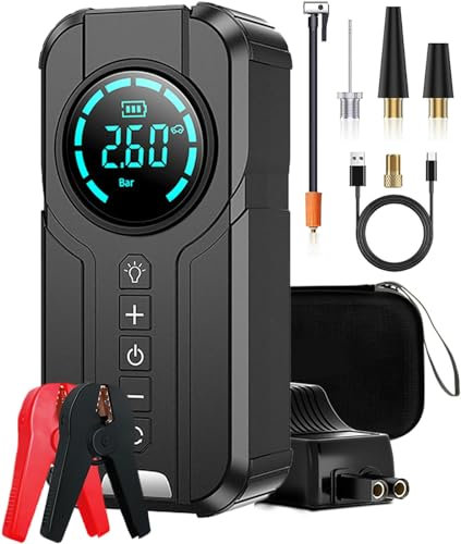Arrancador de batería portátil para Coche de 10 000 mAh con compresor de Aire, arrancador de batería para Coche (5,0 L de Gasolina/3,0 L de diésel), Caja de Arranque de 12 V y 1000 A con Pantalla, l