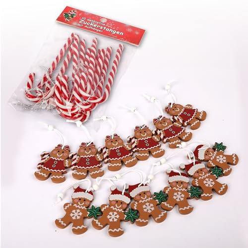 MiCasa SuCasa Set di 12 ciondoli in legno di pan di zenzero (6 x 5 cm) + 10 bastoncini di zucchero (12,5 cm), con cordino, in scatola di legno rustico, affascinante decorazione per albero di Natale