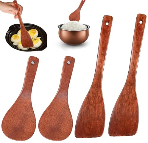 JOYOLA 4 Espátulas de Madera de Madera para Cocina, Espátula de Cocina de Mango Largo, Paleta de Arroz de Madera Resistente Al Calor, Ollas y Sartenes Antiadherentes Utensilios de Cocina Madera