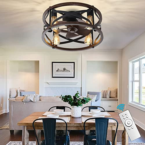 Ventilateurs de plafond de 45,7 cm avec lumières et télécommande, ventilateurs de plafond industriels rétro en cage en fer avec lampes, silencieux, prise de moteur CC réversible à 6 vitesses,